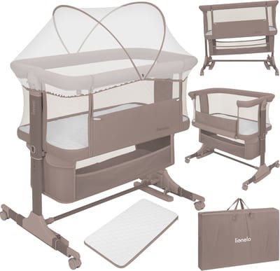 Lionelo Jodie 3in1 Wieg – Aanschuifbed, Vrijstaand Bedje & Schommelwieg – Co-sleeper - 6 Hoogtestanden – T25 Matras – Neerklapbare Zijde – Inclusief Klamboe & Mand