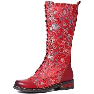 Mode Dames Kniehoge Laarzen Zacht Microvezel Leer Print Dames Schoenen Retro Stijl Platform Lage Hak Dames Ridder Lange Laarzen 40