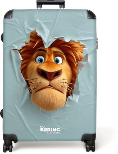 NoBoringSuitcases.com® - Kinderkoffer - Kindertrolley jongen en meisje - Leeuw met oranje manen door plastic wand - Koffer kind groot - Rolkoffer met 4 wielen - Grote trolley XL - 98 liter bagage