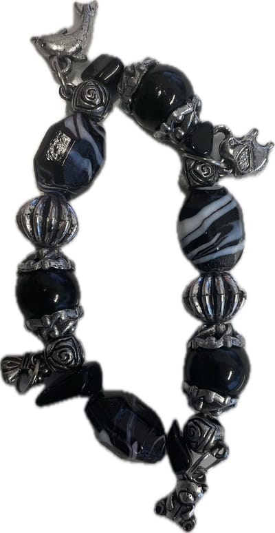 Armband met Bedeltjes - Beertje/Olifantje/Dolfijntje/Strikje - Glazen steentjes - Elastisch - Zilver/Zwart - Ibiza/Boho Style - One size