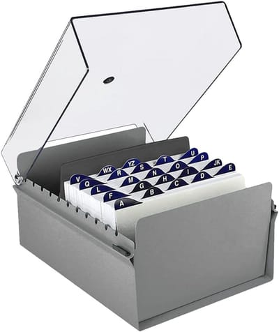 Kaartindexhouder 5x8 Organisator met Grijze Metaalvoet en Transparant Kunststof Deksel