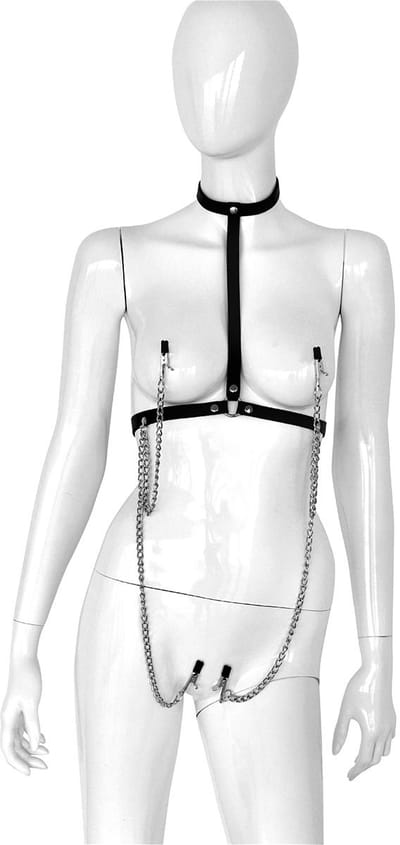 Kiotos - Lederen Collar Chest met 4 Clamps - Dé Ultieme Sensatie voor BDSM Liefhebbers!