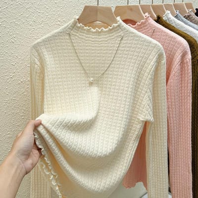Pull Tricoté à Bord Festonné pour Femme à Manches Longues et Col Mi-Haut comme Couche de Base 2XL abricot