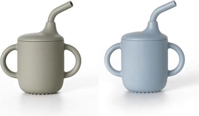 2 Stuks - Siliconen Drinkbeker Tuitbeker met Rietje - Kinder Oefenbeker met Oren - Open Beker - 180 ml - Blauw en Groen - BPA vrij