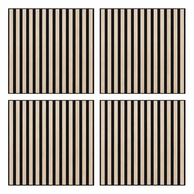 Set van 4 Decoratieve Wandpanelen 60 x 60 cm – MDF Wanddecoratie Lichtbruin Houtlook met Zwarte Latten – Moderne 3D Wandpanelen / Akoestische Look – Mix & Match Wandtegel Panelen voor Woonkamer, Hal, Slaapkamer & Kantoor (4 stuks)