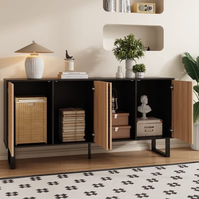 DESMIU Tv Meubel - Minimalistisch Design Met 3D Gestreepte Front En Veel Opbergruimte - Voor Woonkamer En Hal - MDF En Spaanplaat - 160x38x75 Cm - Zwart Naturel