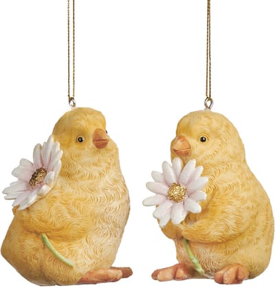 Viv! Christmas Paasdecoratie Hanger - Kuikens met Bloem - set van 2 - pasen - geel wit - 8cm