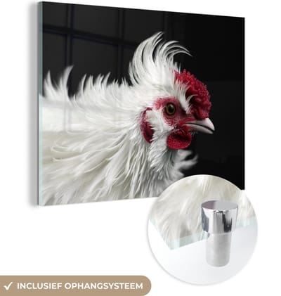 MuchoWow® Glasschilderij 160x120 cm - Schilderij acrylglas - Kip - Vogel - Zwart - Foto op glas - Schilderijen