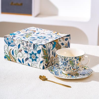 Tasse à café et soucoupe Série Porcelaine Bleue et Blanche Rétro Coffret Cadeau Tasses et Assiettes pour le Thé de l'Après-Midi Tasses pour Couple Cadeaux d'Anniversaire et Souvenirs 250ml gray
