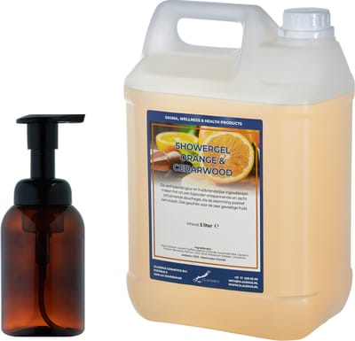 Zeepdispenser 300 ml amber bruin hervulbaar + 5 liter Showergel Sweet Orange & Cedarwood navulling