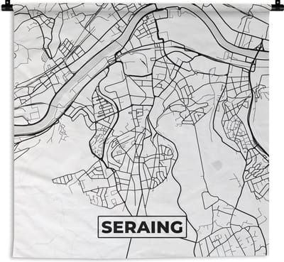Wandkleed - Wanddoek - België – Seraing – Stadskaart – Kaart – Zwart Wit – Plattegrond - 180x180 cm - Wandtapijt
