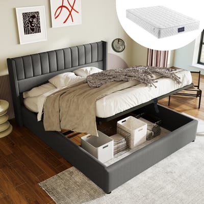 DESMIU Opbergbed 140x200 cm – Tweepersoonsbed Met Verticale Hoofdborddetails – Hydraulisch Hefmechanisme – Grote Opbergruimte – Linnen – Grijs – Met Matras