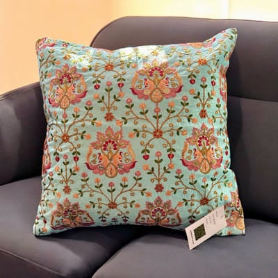 Kussens woonkamer - kussenhoes 40 x 40 cm - kussensloop - sierkussens - cushion cover - katoensilk - Kussenhoesjes - 2 stuks - etnisch Indiaas - borduurwerk - embroidery - Licht Blauw - Perzik - Gouden