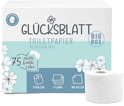 Glücksblatt Toiletpapierbox, 3-laags, 75 rollen x 180 vellen, 100% cellulose, grote verpakking, superzacht wc-papier, herbruikbare voorraaddoos