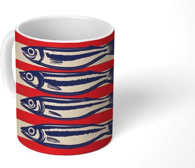 Mok - Koffiemok - Sardines - Rood en beige strepen - Mokken - 350 ML - Beker - Koffiemokken - Theemok