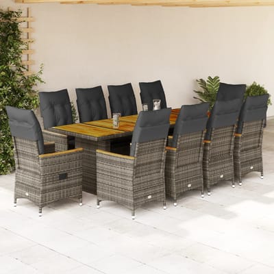 vidaXL - 11-delige - Bistroset - met - kussens - poly - rattan - grijs