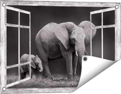 Gards Tuinposter Doorkijk Olifant Moeder en Zoon - Zwart Wit - 60x40 cm - Tuindoek - Tuindecoratie - Wanddecoratie buiten - Tuinschilderij