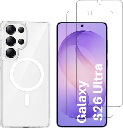 Samsung Galaxy S26 Ultra Hoesje backcover Shockproof siliconen Transparant met geïntegreerde magnetische cirkel en 2 stuks Screenprotector Gehard Glas