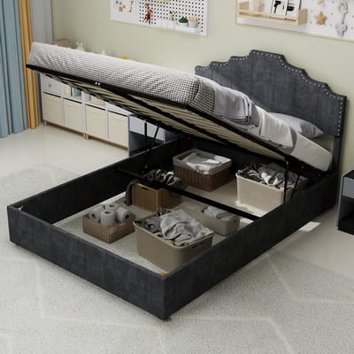 Tweepersoonsbedden - 160x200CM - Modern Minimalistisch Zacht Bed Met Comfortabel Hoofdbord - Hoge Box Met Pneumatische Stang - Grijs (Geen Matras)