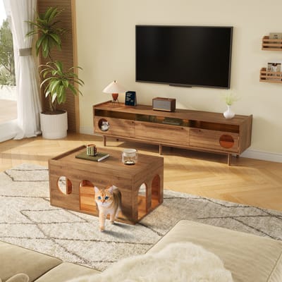 HAUSS SPOLE Tv Meubel - Met Led Verlichting En Kattenruimte - 2 Glazen Deuren En 1 Lade - Mdf - 180x40x50 Cm - Walnoot