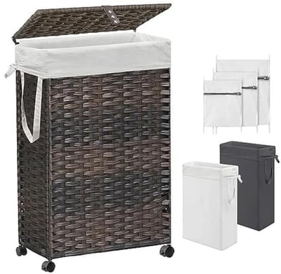 Slanke 70L wasmand met deksel en wielen - Handgeweven rotan wassorteerder met afneembare voeringzakken