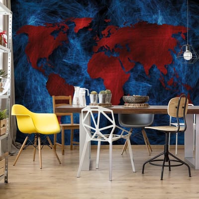 Fotobehang - Vlies Behang - Rode Wereldkaart op een Blauwe Achtergrond - 416 x 290 cm