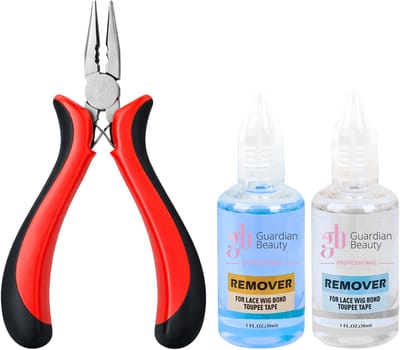 Guardian Beauty Pruikentape Remover Set - For Lace Wig Bond and Toupee Tape - Blauw, Transparant - 2 stuks - 30ml - Met Microringen Gebogen Tang - Haar Extensions