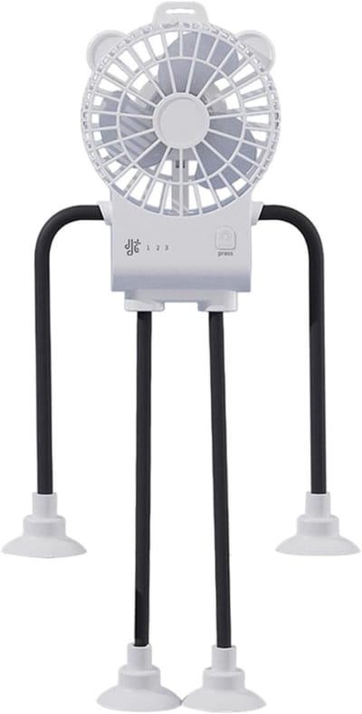 Mini-bureauventilator 3-snelheden robotvorm met zuignap – nachtkastje, kantoor, campingventilator | Mini-bureauventilator robotvorm zuignap – draagbare koeling voor kantoor, bed, studentenkamer, kamperen, studeren, reizen, thuis.