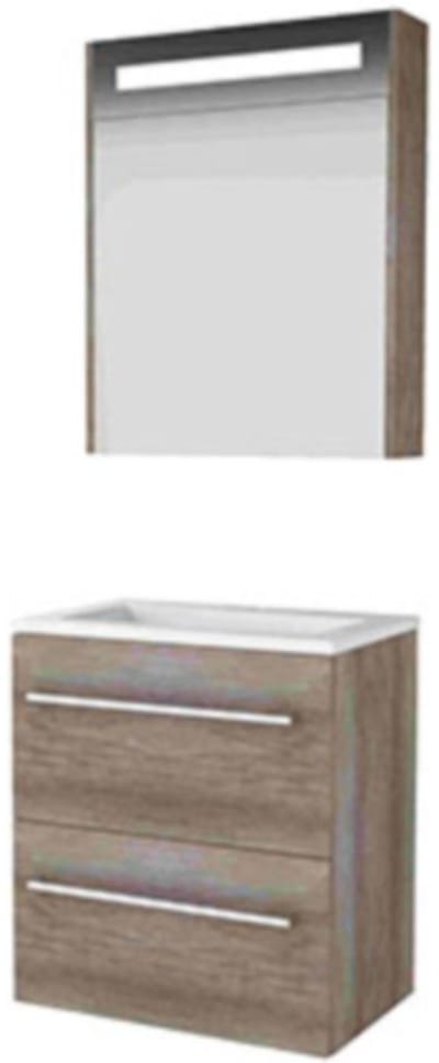 Basic-Line Premium 39 Badkamermeubelset - Ondiep - 60 x 39 cm - Met Grepen - 2 Lades - Acryl Wastafel - 1 Kraangat - Spiegelkast met LED Verlichting - Scotch Oak