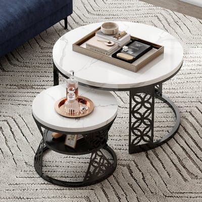 FloraGrace Set Van 2 Rond Salontafels - Modern Marmerlook MDF Blad - Zwart Metaal Frame - Stapelbaar Design - 70×70×45 & 45×45×37 Cm - Wit En Zwart