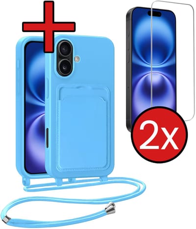 Hoesje Geschikt voor iPhone 16 Plus Hoesje Met Telefoonkoord en Pasjeshouder Met 2x Screenprotector Siliconen - Hoes Geschikt voor iPhone 16 Plus Hoesje Met Kaarthouder Case - Lichtblauw