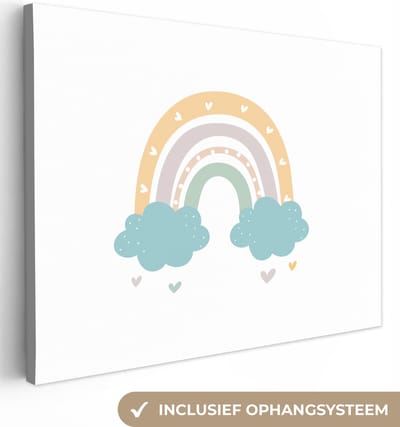 Canvas kinderen - Canvas schilderij kinderen - Regenboog - Hartje - Stippen - Design - Kinderen - Decoratie voor kinderkamers - Slaapkamer decoratie - 40x30 cm