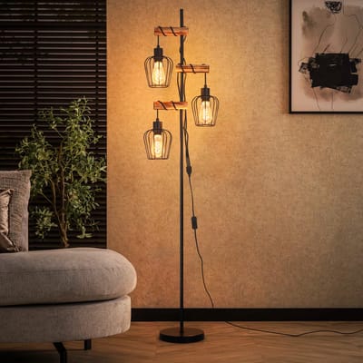 NETTLIFE Vloerlamp E27 – Vintage Houten Industriële – 3 Lichts – Retro Rustiek – Voor Slaapkamer – Zonder Lampen