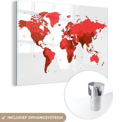 ® Glasschilderij 150x100 cm - Schilderij acrylglas - Wereldkaart - Rood - Simpel - Foto op glas - Muurdecoratie woonkamer - Wanddecoratie slaapkamer - Schilderijen