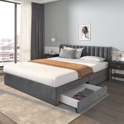 OKWISH Gestoffeerd Bed 180x200 cm - Met Lattenbodem en Hoog Hoofdeinde - Met 2 Lades - Slaapkamer/Gastenkamer - Fluweel - Grijs - Zonder Matras