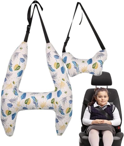 Nekkussen Kinderen - Reiskussen Set - Comfortabel Reizen - H-vormig Ontwerp - 2 Stuks - Witte Bladeren