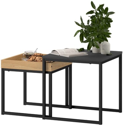 Merax Nesting Salontafel Set van 2 - Vierkant - Zwart met Bruin - MDF En Staal