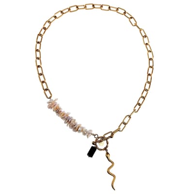 47mm Ketting Dames - Zoetwaterkralen - 14k Geel Goud RVS - Ovale Schakelketting met Slangenhanger - Dottilove