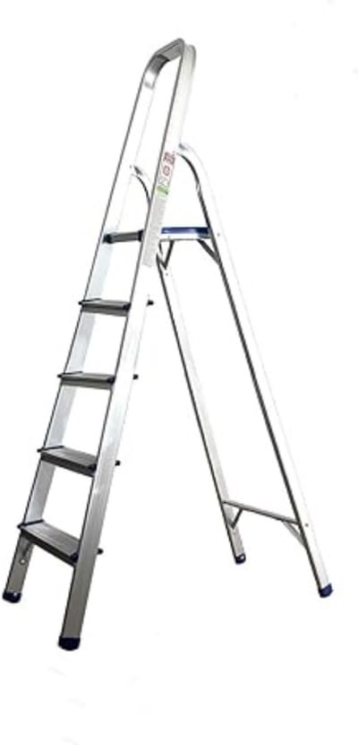SAVI® Huishoudtrap 5 Treden - Keukentrapje Basic Inklapbaar - Keukentrap – Zilver - 47cm x 45cm x 170cm; 150kg