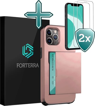 Hoesje Geschikt voor iPhone 11 Pro Pashouder Hard Case Hoes Met 2x Screenprotector - Hoes Geschikt voor iPhone 11 Pro Hoesje Back Cover Met Pasjeshouder - Rosé goud
