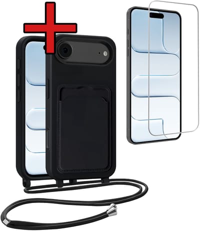 Hoesje Geschikt voor iPhone Air Hoesje Met Telefoonkoord en Pasjeshouder Met Screenprotector Siliconen - Hoes Geschikt voor iPhone Air Hoesje Met Kaarthouder Case - Zwart