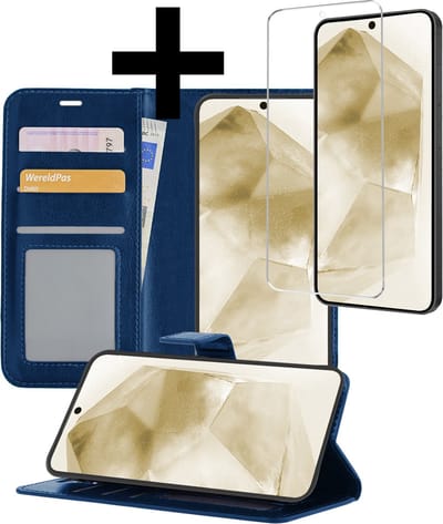 Hoesje - Met Screenprotector - Geschikt voor Samsung Galaxy A55 - Luxe Pasjeshouder - Bookcase Portemonee - Flip Case - Kunstleer Book Case - Flipcase - Book Cover - Walletcase - Portemonneehoes - Telefoonhoesjes - Donkerblauw