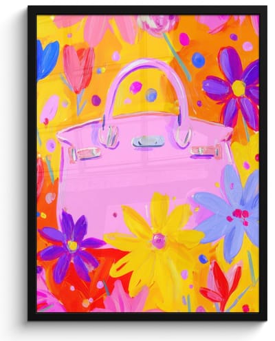 Poster in lijst - Fotolijst 60x80 cm - Posters - Tas - Roze - Bloemen - Posterlijst zwart - Decoratie - Wanddecoratie woonkamer - Muurdecoratie slaapkamer