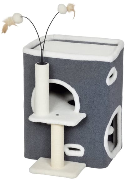 Wishdor - Kattenkrabpaal - Met Bovenste Ligplek En Tweelaags Kattenhuis - Compact Ontwerp - Voor Woonkamer - Polyester - Grijs