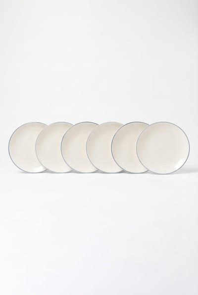 vtwonen - Borden - Lunchbord - Wit/Blauw Lijn - Set van 6 - Porselein - 23cm