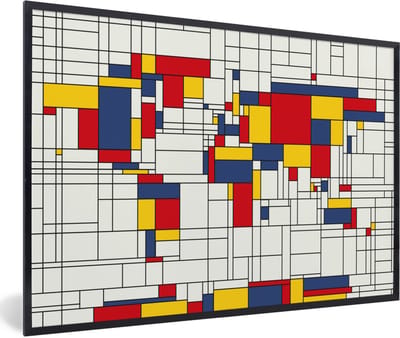 Poster in lijst - Fotolijst 120x80 cm - Posters - Wereldkaart - Mondriaan - Kleuren - Kinderen - Jongetje - Meisje - Kids - Posterlijst zwart - Decoratie - Wanddecoratie woonkamer - Muurdecoratie slaapkamer