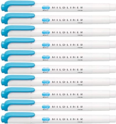 Zebra Mildliner Double-Sided Highlighter - Fine / Bold – Mild Cyan Set van 10 + een Luxe Zipperbag - WKT7-MCYA