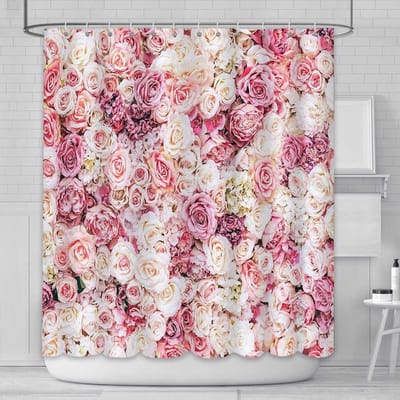 180x180cm Roze Bloemen Wanddouchegordijn - Zoete Bruiloft Bloemen Meisje - Dames Badkamer Badkuipen Decor - Duurzaam Waterdicht Stof Met 12 Haakjes