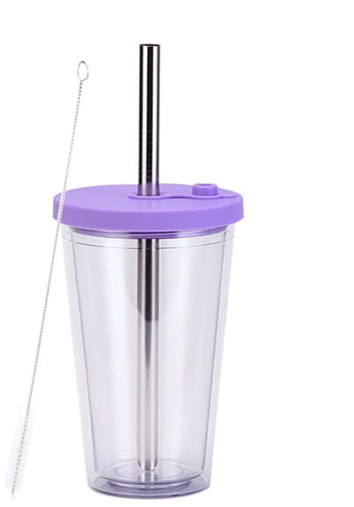 longziming -Bubble Tea Beker 450 ml – Dubbelwandige Drinkbeker met Deksel en Rietje – Lekvrij & Herbruikbaar – Ideaal voor Smoothies en Iced Tea – Paars