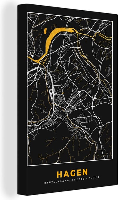 Canvas Schilderij Hagen - Duitsland - Kaart - Plattegrond - Goud - Stadskaart - 20x30 cm - Wanddecoratie